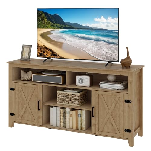 DWVO TV Stands for 65 Inch TV, Farmhouse Entertainment Center with Adjustable Shelf and Barn Door, Media Console Table TV Cabinet for Living Room, 59 Inches, Barnwood