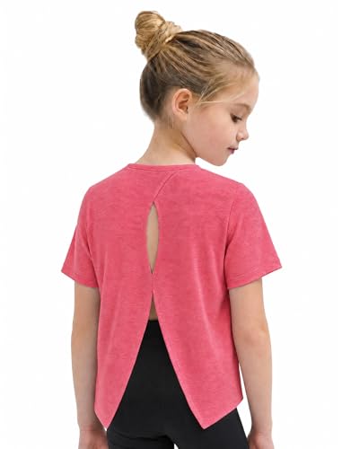 Wenlia Girls Athletic Shirts Short Sleeve Activewear Tops Back Slit Sports T Shirts for Running Tennis, Rose, 9-10 Years, 140
