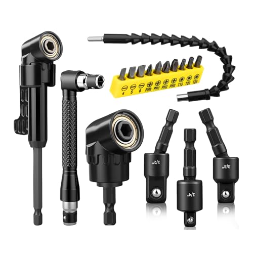 Right Angle Drill Attachment, Flexible Drill Bit Extension, 17PC Magnetic Drill Bit Set 90/105° Angled Rotatable Socket Adapters, Ratchet Wrenches for Tight Narrow Spaces Home Garage Technicians