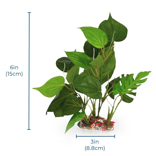 Image of SunGrow Plastic Leaf Plant, Heavy-Duty Ceramic Base, Hiding Spot for Fish, Betta, Angelfish, Gold Fish, Frog, Python, Reptiles, Amphibians (2, 10 Inches)