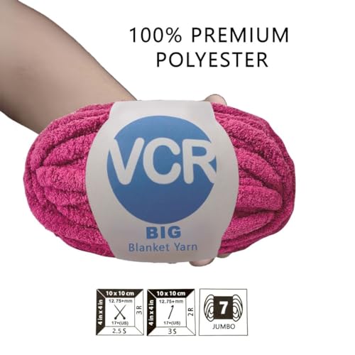 Image of VCR Dark Pink Yarn, 200 Grams Big Chunky Hank, 22 Meters Length, Suitable for Knitting Blankets and Pillows, 100% Polyester Yarn Ball for Crochet DIY, Soft Threads, Pack of 1