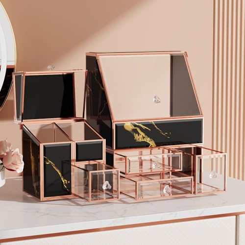 CoralHouse Makeup Organizer Black,Glass Vanity Organizer for Skincare, Perfume, Brushes
