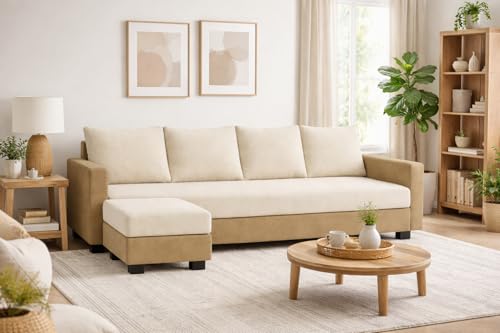 Image of SOCOZI Braven 5 Seater L Shape Sofa Set with Movable Ottoman | Flexible Layout | Soft Velvet Suede Fabric | Modern Design | Plush Comfort Cushions for Living Room (Beige-Cream)