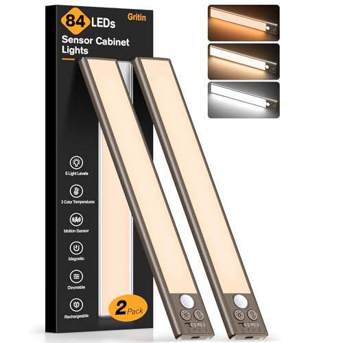 Gritin Luz de Armario Recargable, 84 LED Superbrillantes Luces Cocina - 3 Colores & 5 Niveles de Brillo, 4 Modos, Sensor Movimiento, Larga Duración, Fácil Instalación, Luces Armario Magnéticas-2 Pack