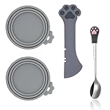 SJANE Cat Food Can Spoons & Can Lids | 4 Pcs | Multi-function Can Opener | Silicone Pet Food Can Covers | Stainless Steel Wet Food Spoon for Cats and Dogs(Grey)