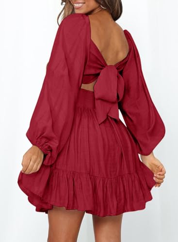 Image of Dokotoo Womens Dress Long Lantern Sleeve Square Neck Tie Backless Sexy Dress Ruffle Elastic Waist A-Line Mini Dress