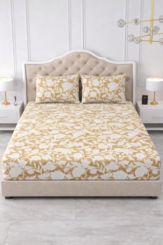 Image of 300 TC Cotton Feel Glace Cotton Elastic Fitted Bedsheet for King Size Double Bed | Fits up to 8 Inch Mattress | Printed Bedsheet with 2 Pillow Covers (Yellow Flower, Queen Size - 60 inchx78 inch)