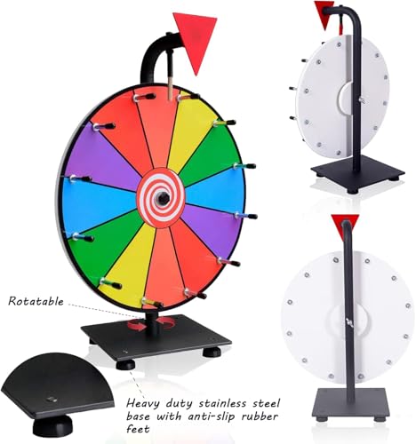Hooomyai 12 Inch Heavy Duty Spinning Prize Wheel with Iron Base Stand, 12 Slots Tabletop Spin Wheel Spinner with Dry Erase Markers and Eraser for Classroom Trade Show Carnival Party Games