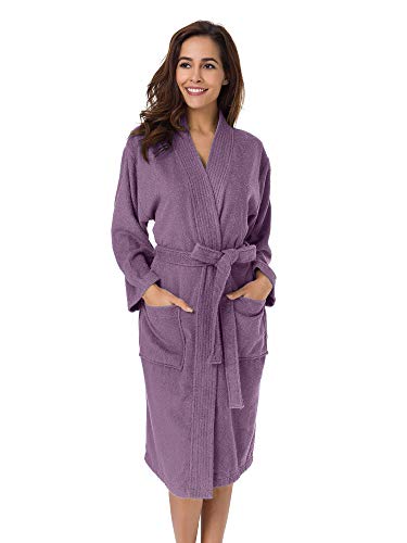 Sioro Terry Cloth Robes For Women Cotton Kimono Bathrobe Soft Absorbent Long Sleeve Calf Length Robe Plush Shower Housecoat，Plum Small #TOP18