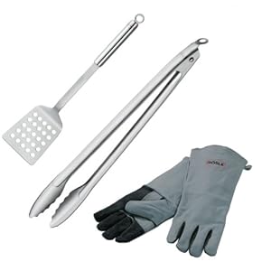 RÖSLE Barbecue-Set 3-tlg., Hochwertiges Grillset mit Leder-Grillhandschuhe, BBQ-Wender, Grillzange 40 cm, Edelstahl 18/10, spülmaschinengeeignet