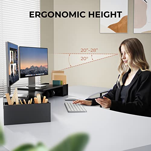 LORYERGO Dual Monitor Stand, Laptop Stand with Storage Accessories Slots, Length and Angle Adjustable, Ergonomic Viewing Height