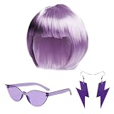 Peluca De 1 Pieza, Anteojos De 1 Pieza, 1 Par De Aretes, Conjunto De Cabello Corto Morado De Moda, Vestido De Fiesta Y Baile, Accesorios De Entretenimiento Para Amigos, Fotografía Callejera.