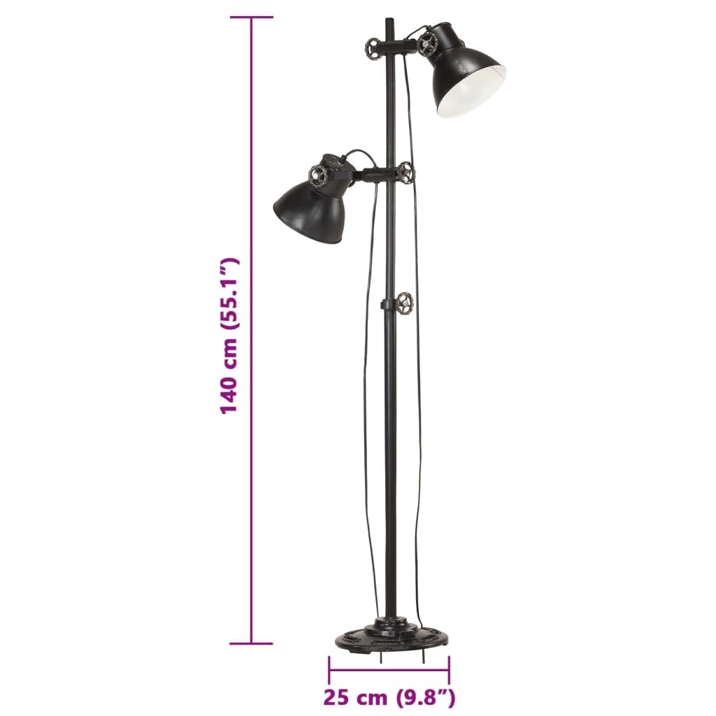 Lampada a stelo a 2 luci, in ghisa nera, con attacco E27, 28 x 160 cm, interruttore a terra, paralumi regolabili angolari, lampada industriale per soggiorno, camera da letto, corridoio