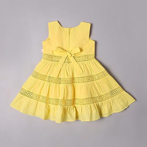 Image of Soft Cotton Lace Work Knee Length Fit & Flare Dress for Kids & Girls, Flower Embellished Frock for Casual & Special Occasion