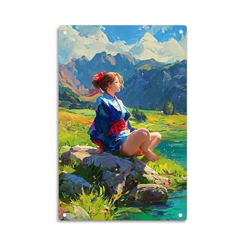 Anime Girl Kimono Landscape Scenic View Tin Sign， Vintage Japanese Kimono Girl by Mountain Lake Metal Sign Print Aesthetic Room Decoration for Home Bedroom Kitchen Bar Dorm Bathroom Wall Decor 8 X 12
