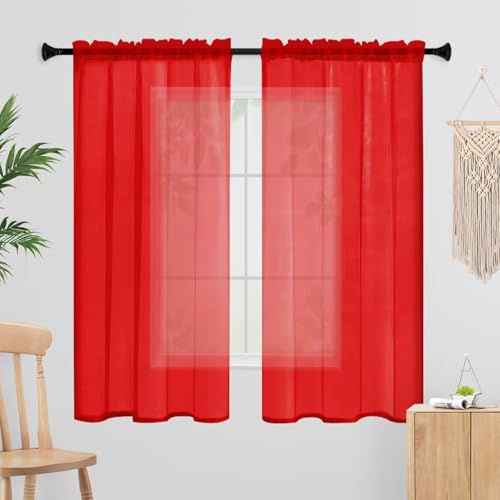 Laseniewa Sheer Curtains 54 Inches Long 2 Panels Rod Pocket Short Curtain for Kitchen Bedroom Cafe Window(Red 38 W x 54 L)