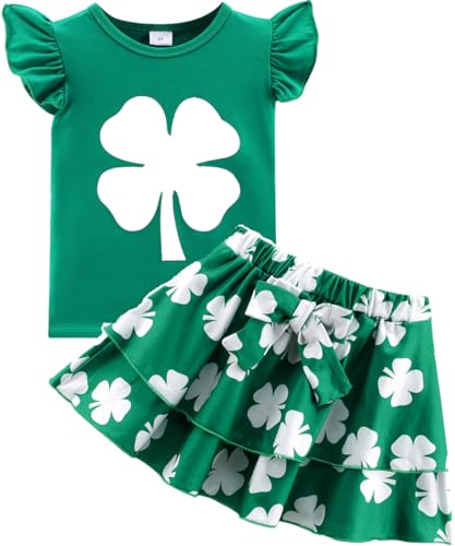zarmfly Girls 2 Piece Skirt Set St.Patrick's Day Summer Clothes Four Leaf Clover Print T-Shirts Top Bow Knot Dress Skirt Outfit Set 5t