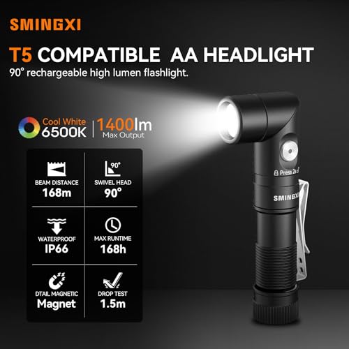 SMINGXI T5 1400 Lumens Rechargeable LED Flashlight, 90 Degree Adjustable Head, EDC Tactical Flashlight,Magnetic AA Pocket Work Light with Red Diffuser & Clip for Camping, Hiking, Emergency by SMINGXI - Image 2