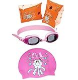 3er Set Kinder Jungen Mädchen Kinder Badekappe Schwimmbrille Schwimmflügel Bademütze UV-Schutz (Pink)