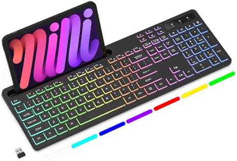 Soueto Wireless Keyboard with 7-Color RGB Backlit, Full-Size Computer Keyboard with Phone Tablet Holder, 2.4G Rechargeable Gaming Keyboard with Light Up Keys, Compatible with Mac, Windows (Black)