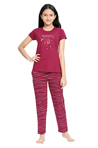 Image of Kids Night Suit for Girls - Cotton Set of Pyjama & T-Shirt Sleepwear - Lightweight & Comfortable Night Wear for Kids