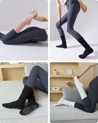 Image of Yawlsow Pilates Socks with Grips for Women Yoga Ruffle Grippy Non Slip Long Slouchy Scrunch Socks for Barre Workout Hospital