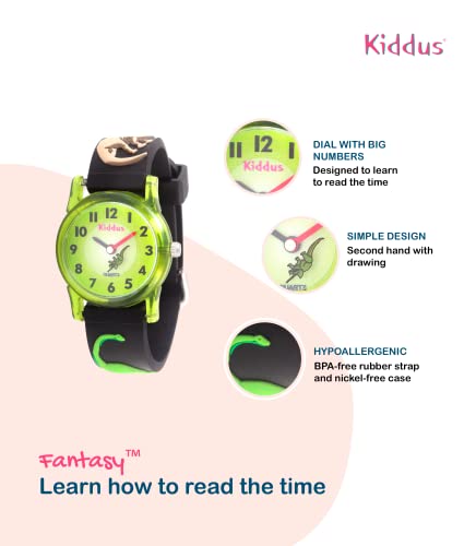 Kiddus Orologio da Polso, Analogico. Per Bambini, Ragazzi. Con Esercizi per Imparare a Leggere l’Ora. Facilità di Lettura. Movimento al Quarzo Giapponese. Dino