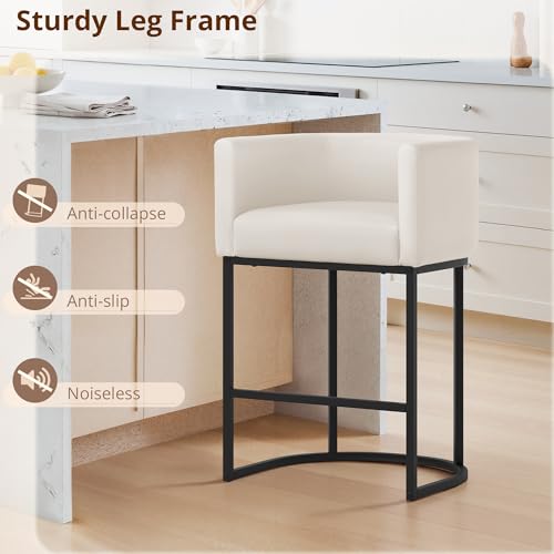 Image of LUE BONA Counter Height Bar Stools Set of 2, Modern Barrel Counter Stools with Backrest and Arms, Black Metal Frames, Faux Leather Upholstered Accent Barstools for Kitchen Island, Antique White