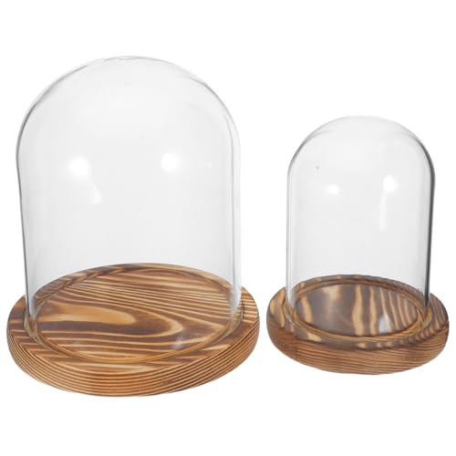 Cúpula de vidrio transparente con base de madera pack de 2 campanas de cristal para mesas 2