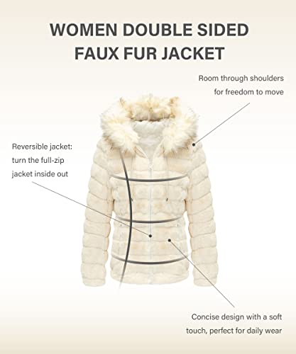 Bellivera Women Double Sided Faux Fur Jacket Reversible Fall Winter With Fur Collar Hood Puffer Coat Worn On Both Sides 19225 White M #TOP2