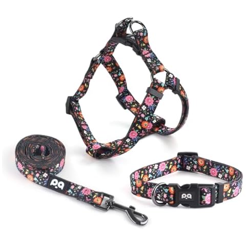 QQPETS Dog Harness Collar Leash - No Pull Pet Adjustable Back Clip Halter Basic Collar Heavy Duty 5FT Anti-Twist Leash for Extra Small Puppy Medium Large Breed Training (M,Black Rose) Cover