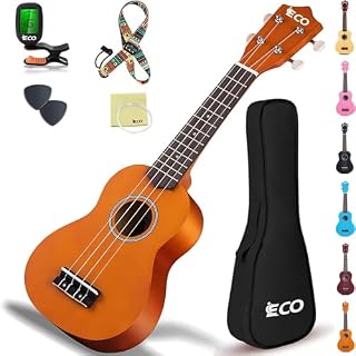 iECO Soprano Ukulele Beginner Kit for Kids Adults 21 Inch Ukelele w/Case Strap Tuner Strings Picks (Honey) - Les Beatles, Paul McCartney, John Lennon, RIngo Starr, George Harrison