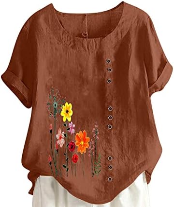 Women Floral Print Linen Shirts Short Sleeve Gauze Tops Loose Fit Cotton Blouses Trendy 2024 Clothing