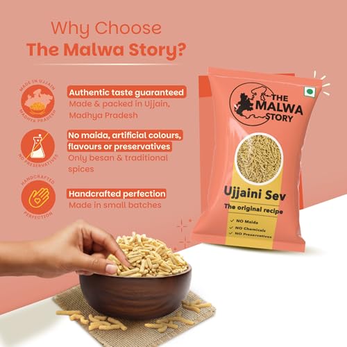 Image of The Malwa Story Original Ujjaini Sev - 200gm (Pack Of 3) | Cooked & Packed in Ujjain | Special Madhya Pradesh Authentic Sev Namkeen With No Maida | Spicy & Crunchy | For Poha & Tea Time Snacking