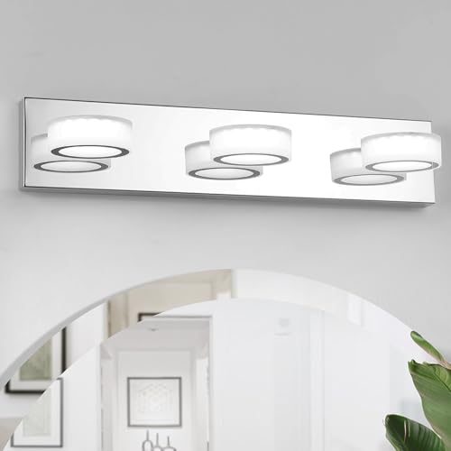 Image of 3 Light Bathroom Vanity Light, Modern Chrome Bathroom Light Fixtures Over Mirror, Bath Lamps Wall Scone 18W LED Vanity Lights with 360Rotating Lamp Head