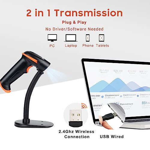 Tera Barcode Scanner Wireless 1D Laser Cordless Barcode Reader with Battery Level Indicator, Versatile 2 in 1 2.4Ghz Wireless and USB 2.0 Wired with Stand Model 5100-Z - Thumbnail 3