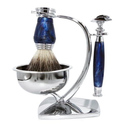 Magyfosia Kit per la rasatura a umido di alta qualità da uomo, con rasoio di sicurezza a doppio bordo, 10 lame, spazzola da barba e portasapone in acciaio inox, set di rasoi lisci di qualità da