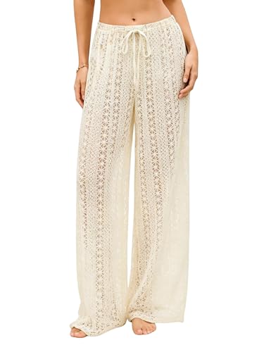 Image of ZAFUL Womens Beach Cover Up Pants Sexy Crochet Drawstring Elastic Boho Swimsuit Cover Up Long Pants Beach Wear