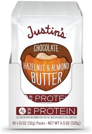 Chocolate Hazelnut Butter Squeeze Packs by Justin's, Organic Cocoa, Gluten-free, Responsibly Sourced, (1.15oz each) (Pack of 10)