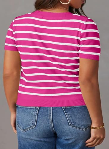Image of Eytino Women Plus Size Sweater Tops Short Sleeve Crewneck Striped Tshirts Casual Summer Blouses Shirts(1X-5X)