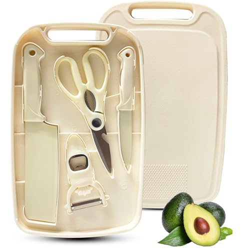 WEISHEHUG Knife and Cutting Board Set, 5 In1 Travel Small Cutting Boards with Knife Camping Essentials Cream Colored Chopping Board for Travel College by WEISHEHUG - Used condition - US$17.02