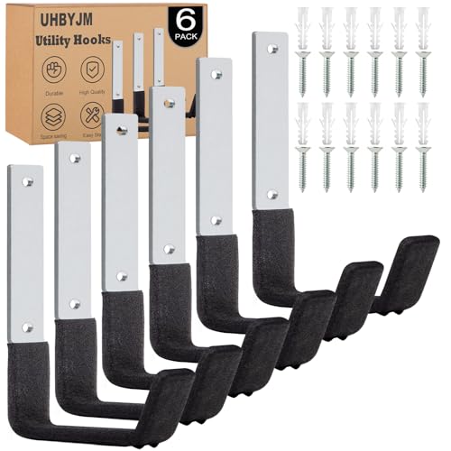 UHBYJM Utility Hooks Heavy Duty,6 Pack Steel Garage Hooks,Utility Hooks Wall Mount for Garage Storage,Ladder Hooks Garden Hooks,Garage Storage Hooks for Bike Garden Hose Garden Tools(6 Medium)
