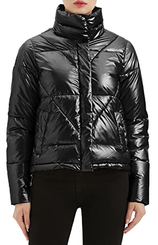 Women's Quilted Metallic Shiny Puffer Jacket Winter Warm Full Zipper Stand Collar Padded Short Coat