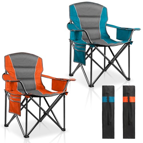 LANMOUNTAIN 2 Pack Padded Oversized Camping Chairs for Adults Heavy Duty Support 400 Lbs Folding Portable Lawn Chair w/Cup Holder Cooler Bag Side Pocket Perfect for Outdoor Picnic Hiking(Orange&Blue)