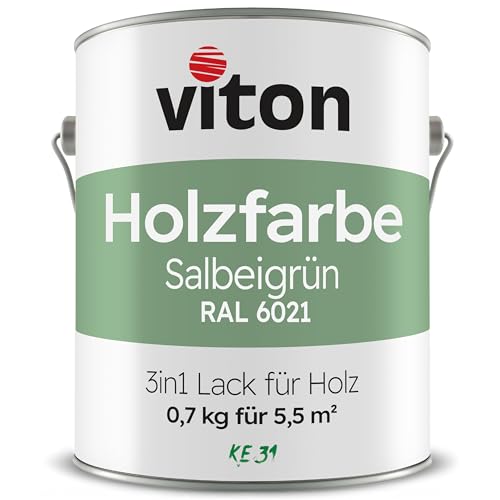 Viton Holzfarbe in Salbeigrün - 0,7 Kg Holzlack Seidenmatt - Wetterschutzfarbe für Außen - 3in1 Grundierung & Deckfarbe - Profi-Holzschutzlack - KE31 - RAL 6021 Blassgrün/Pastellgrün Viton Holzfarbe in Salbeigrün - 0,7 Kg Holzlack Seidenmatt - Wetterschutzfarbe für Außen - 3in1 Grundierung & Deckfarbe - Profi-Holzschutzlack - KE31 - RAL 6021 Blassgrün/Pastellgrün