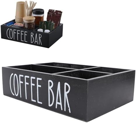 POCREATION Coffee Station Organizer, Wooden Countertop Coffee Bar Holder for Kitchen, Black Coffee Pod Storage Box with Compartments for Tea Bags and Sugar Packets