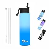 Akyta 24OZ Water Bottle, Double-Walled Stainless Steel Water Bottle with Straw Lid, Wide Mouth Vacuum Insulated Sports Thermos Water Bottles for Hiking Biking Camping (Blue)