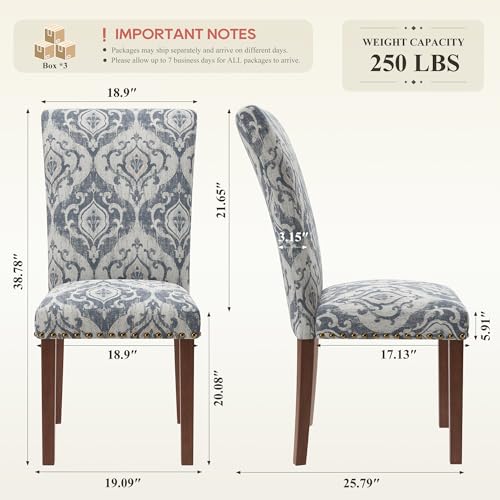 Image of COLAMY Upholstered Parsons Dining Chairs Set of 6, Fabric Dining Room Kitchen Side Chair with Nailhead Trim and Wood Legs - Blue /White Flower