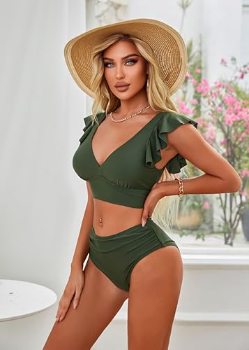 Sexy Bikini Sets for Women V Neck Ruffle Swimsuit 2 Piece High Waist Bathing Suit3