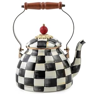 MACKENZIE-CHILDS Enamel Tea Kettle, Cute Kitchen Kettle for Stovetop, 2-Quart Capacity, Black-and-White Courtly Check